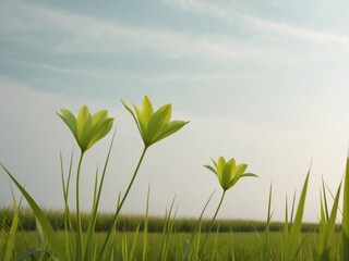 Three green flowers in grass beside rice fields.