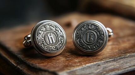 Vintage silver cufflinks with engraved initials, 4K hyperrealistic photo
