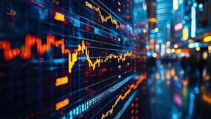Obraz premium Blue stock market background with a rising bar graph and financial data on the screen. 