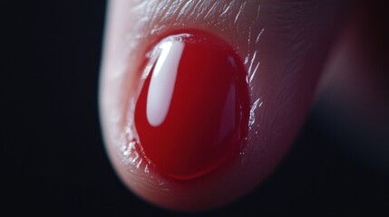Close-up of a red drop on a fingertip, highlighting texture and color contrast, AI