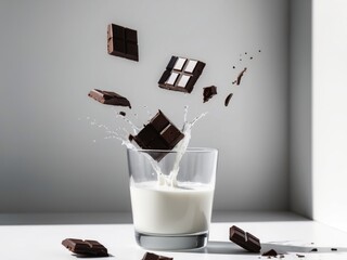Chocolate Milk Splashing into a Glass with Pieces of Chocolate Falling in Slow Motion.