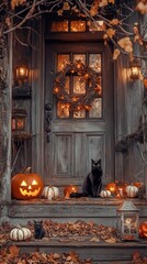 Obraz premium Cozy Autumn Cottage Entrance: Embrace the Warmth of Fall with Rustic Charm and Holiday Glow