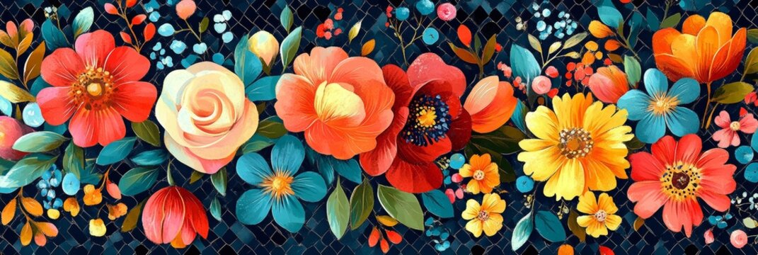 Colorful Floral Mosaic Pattern, vibrant checkered design, geometric tiles, spring-inspired decorations, vintage aesthetic, seamless layout