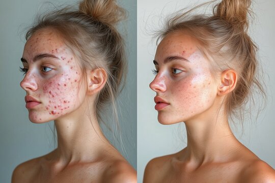 A young woman shown before and after acne treatment highlighting skin transformation