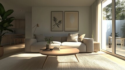 Fototapeta premium Sunlit Minimalist Living Room with Cozy Sofa and Botanical Wall Art, Modern Interior Featuring Wooden Accents and Indoor Plants, Inviting Space for Relaxation and Home Decor Inspiration