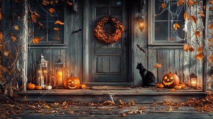 Obraz premium Cozy Autumn Cottage Entrance: Embrace the Warmth of Fall with Rustic Charm and Holiday Glow