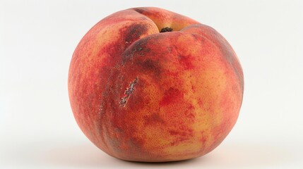 Fototapeta premium A single ripe peach with a slightly bruised side, isolated on a white background.