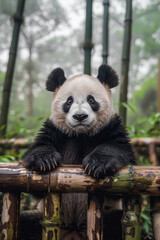Obraz premium Adorable panda resting on a bamboo railing. Generative AI image