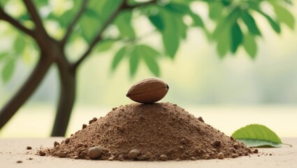 A nut atop a mound of dirt beside a leafy tree in the background.