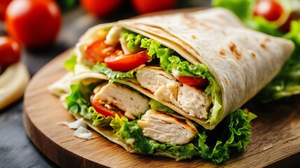 Delicious chicken wrap with fresh lettuce and tomatoes on a wooden board.