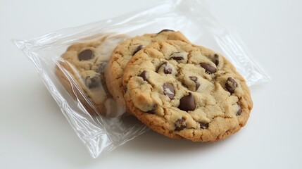 Delicious chocolate chip cookies in a clear wrap on a white background.