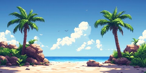 Tropical Island Adventure, vibrant 2D platformer level featuring sandy floors, palm tree platforms, and engaging beach obstacles