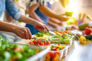 Hands busy chopping vegetables and herbs fill the bright kitchen, while laughter and camaraderie thrive during a joyful cooking class dedicated to fresh salads