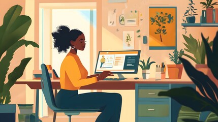 Dark-skinned woman working from home, running virtual business. Concept illustration on remote working, women in business, female entrepreneur. 