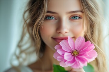 Naklejka premium A young woman with beautiful blue eyes holding a pink flower in a bright indoor setting
