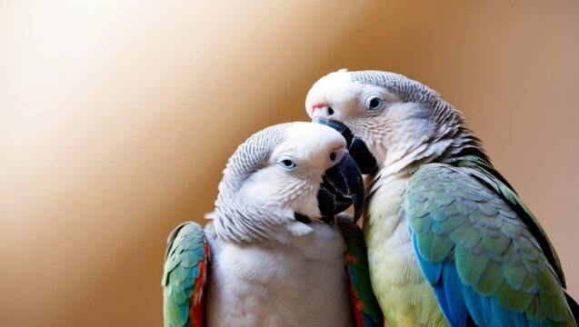 Two Parrots Cuddle in a Soft Blur of Light.