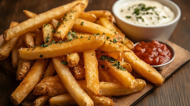 Delicious golden fries served with ketchup and creamy dip on a rustic wooden surface.