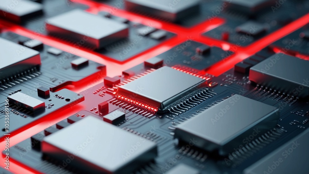 Poster abstract close-up of metallic microchip circuitry with glowing red pathways, representing high-perfo