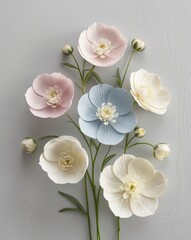 Obraz premium Delicate Watercolor Columbine Flowers Arranged on Light Gray Background.