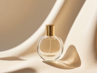 Clear glass perfume bottle with gold lid on sandy background mockup cosmetic concept.