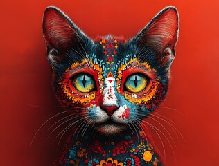 Cat with a painted face against red background.