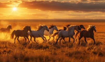 Obraz premium Wild horses galloping across an open prairie at sunset, 4K hyperrealistic photo