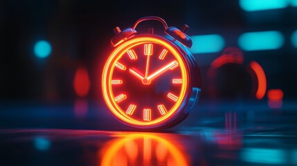 A bright neon clock icon stands out against a dark background.
