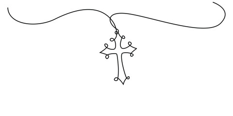continuous line cross necklace.one line drawing of jesus cross necklace souvenir.single line vector illustration.isolated white background
