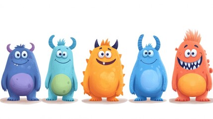 Obraz premium Five Friendly Cartoon Monsters in a Row