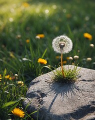 A solitary dandelion atop a rock amidst a sea of green grass and golden flowers.