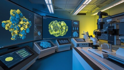 Advanced laboratory with cutting-edge technology showcasing biological structures on screens, highlighting modern science and research innovation.