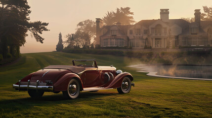 Elegant 1930s Boattail Speedster at Estate with Mansion and Scenic Hills