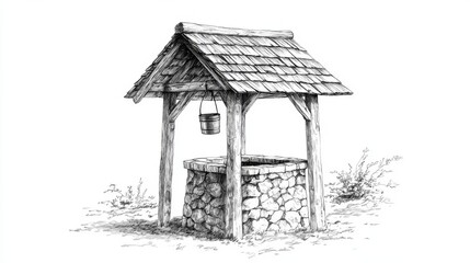 A drawing of an old-fashioned water well made of wood. It has a roof and a bucket.