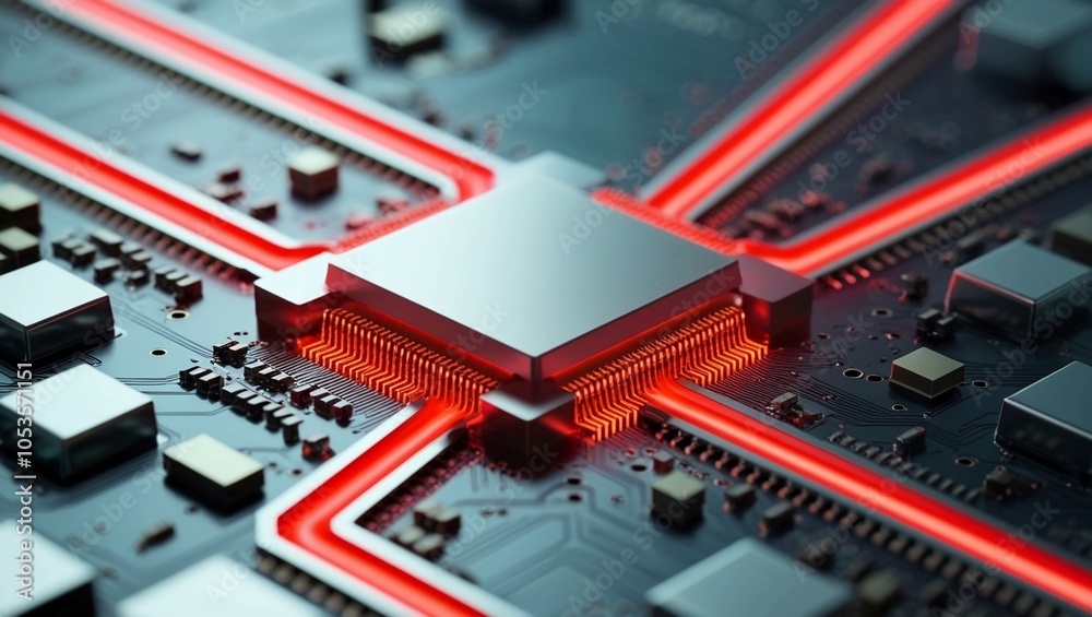Poster abstract close-up of metallic microchip circuitry with glowing red pathways, representing high-perfo