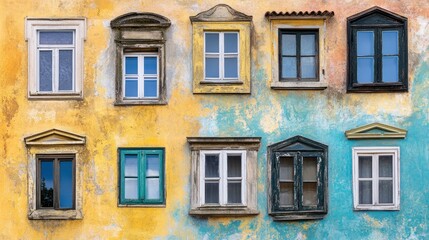 Obraz premium A colorful wall featuring various window styles and shapes in a vibrant urban setting.