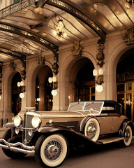 Vintage Duesenberg by Art Deco Hotel Entrance with Chrome Details in Sepia Tones