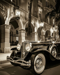 Iconic 1930s Duesenberg with Art Deco Architecture and Elegant Evening Light