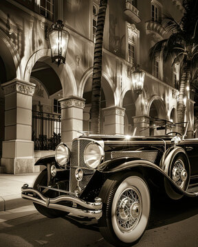 Fototapeta Iconic 1930s Duesenberg with Art Deco Architecture and Elegant Evening Light