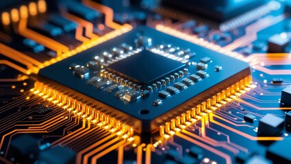Obraz premium Detailed close-up of a glowing network chip, with vibrant electrical circuits symbolizing cutting-edge processor technology and connectivity