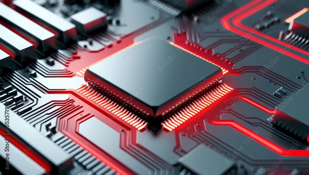 Poster abstract close-up of metallic microchip circuitry with glowing red pathways, representing high-perfo