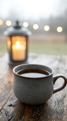 Fototapeta premium Warm Cup of Coffee with a Soft Candle Glow in a Cozy Setting