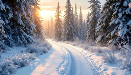 Fototapeta premium A tranquil, snow-covered path winds through a dense forest of tall pine trees, with fresh snowfall blanketing the ground and soft shadows cast by the trees adding depth to the serene scene.