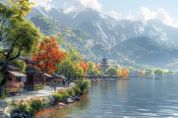 Fototapeta premium Friends exploring a vibrant, bustling summer festival with food stalls and live music