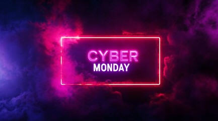 A futuristic "Cyber Monday" banner features glowing neon lights and bold text against a high-tech background. Dynamic light effects enhance the modern vibe, making it perfect for promoting a sale.