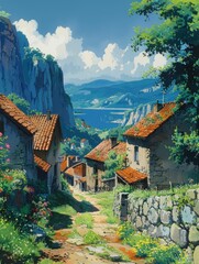 Fototapeta premium scenic village landscape, beautiful mountains, bright sky, cobblestone path leads through lush greenery and charming houses with red roofs, ideal for serene activities and travel inspiration