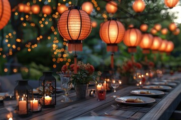 vibrant outdoor garden party with string lights, colorful lanterns, and guests enjoying drinks