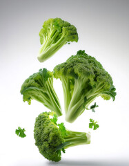 Broccoli rabe floating or flying isolated white background