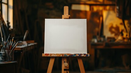 A wooden easel with a blank canvas and painting tools, perfect for young artists.  There's room for you to add your own message!