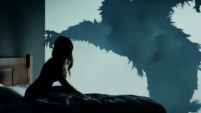 A woman is sitting on a bed with a large monster looming over her. Scene is dark and ominous, as the woman is in fear of the creature