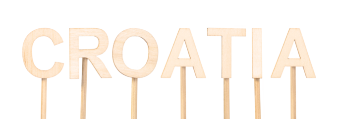 Wooden letters with the name Croatia held by sticks, a craft and minimalist design. Republic of Croatia